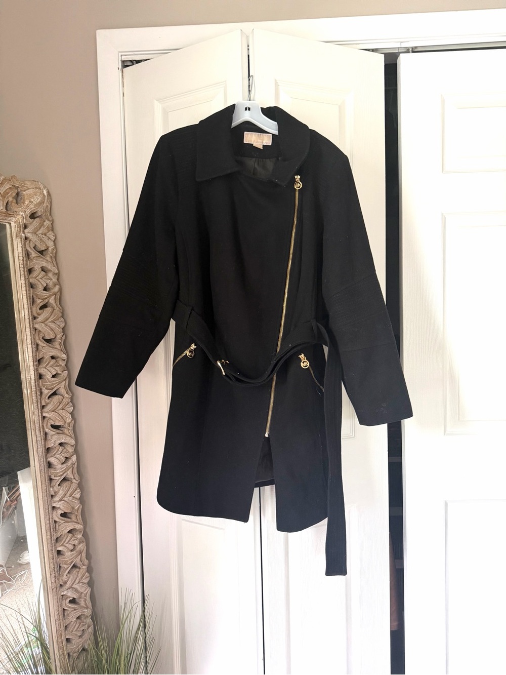 Michael Kors Plus 1X Black Wool Asymmetrical Zip Belted Moto Coat Gold Hardware